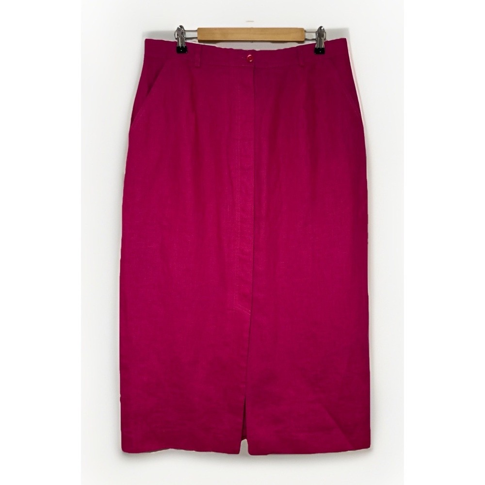 Talbots Irish Linen Skirt Womens 18 Pink Fuchsia Midi Button Front Lined Pockets